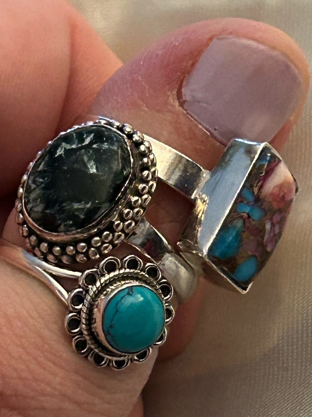 Bundle of Size 9 Sterling Silver Turquoise & Mixed Stone Stackable Rings